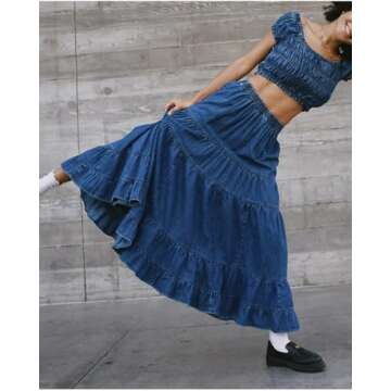 YEXPINE Women's Swing Chambray Maxi Skirt Elastic Waist Pleated Tiered Flowy Long Skirts Retro Denim Skirt