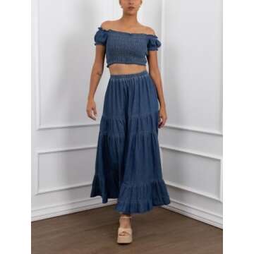 YEXPINE Women's Swing Chambray Maxi Skirt Elastic Waist Pleated Tiered Flowy Long Skirts Retro Denim Skirt