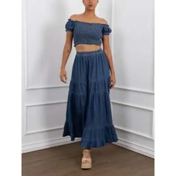 YEXPINE Women's Swing Chambray Maxi Skirt Elastic Waist Pleated Tiered Flowy Long Skirts Retro Denim Skirt