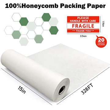 Honeycomb Packaging Paper - Eco-Friendly 15" x 328' Roll with Fragile Stickers