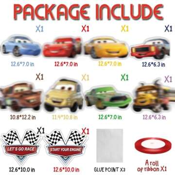 Lnkdeya Cars Race Porch Sign Cutouts Room Wall Door Decor Race Car Birthday Party Garden Outdoor Ind...