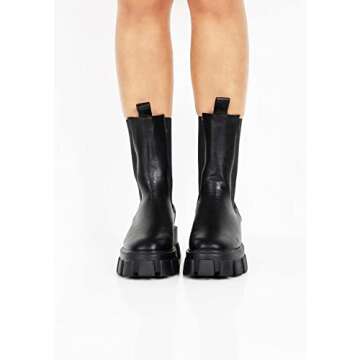 LIMON BERRY Women's Black Calf High Slip On Cleated Chunky Sole Platform Chelsea Fashion Ankle Boots (RO18) 9