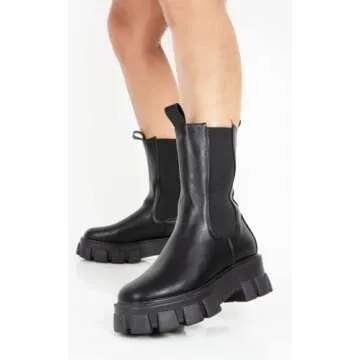LIMON BERRY Women's Black Calf High Slip On Cleated Chunky Sole Platform Chelsea Fashion Ankle Boots (RO18) 9