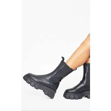 LIMON BERRY Women's Black Calf High Slip On Cleated Chunky Sole Platform Chelsea Fashion Ankle Boots (RO18) 9