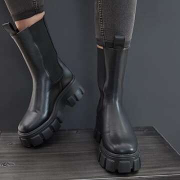 LIMON BERRY Women's Black Calf High Slip On Cleated Chunky Sole Platform Chelsea Fashion Ankle Boots (RO18) 9