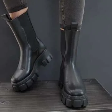 LIMON BERRY Women's Black Calf High Slip On Cleated Chunky Sole Platform Chelsea Fashion Ankle Boots (RO18) 9