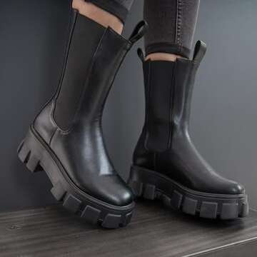 LIMON BERRY Women's Black Calf High Slip On Cleated Chunky Sole Platform Chelsea Fashion Ankle Boots (RO18) 9