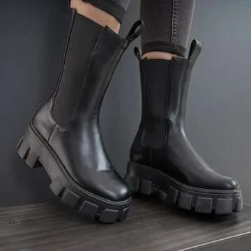LIMON BERRY Women's Black Calf High Slip On Cleated Chunky Sole Platform Chelsea Fashion Ankle Boots (RO18) 9