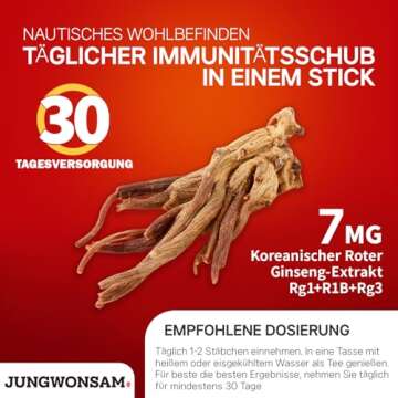 6-Year Korean Red Ginseng Extract 365 | 30 Sticks | Vegan | 7mg Ginsenosides per Stick | Energy, Focus, Fatigue, Immune Support | Supplement for Men & Women
