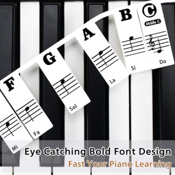 Piano Key Labels Removable, Keyboard Notes for 61 Keys, Black Large Bold Alphabet Silicone Piano Let...