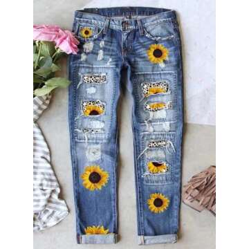 Astylish Women Sunflower Patchwork Destroyed Raw Hem Stretch Loose Boyfriend Ankle Jeans Classic Ripped Hole Denim Pants X-Large