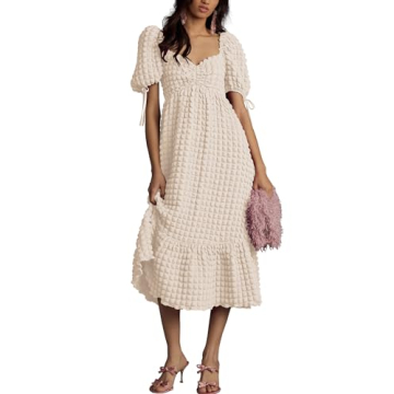 Locachy Womens Casual Summer Dresses 2024 Boho Short Sleeve V Neck Sundresses Backless Long Textured Maxi Dress Beige M