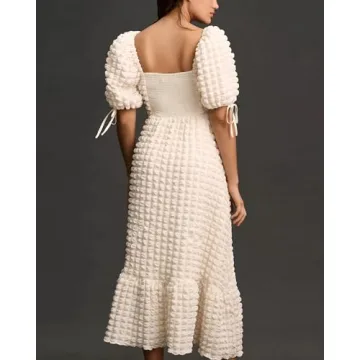 Locachy Womens Casual Summer Dresses 2024 Boho Short Sleeve V Neck Sundresses Backless Long Textured Maxi Dress Beige M