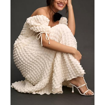 Locachy Womens Casual Summer Dresses 2024 Boho Short Sleeve V Neck Sundresses Backless Long Textured Maxi Dress Beige M