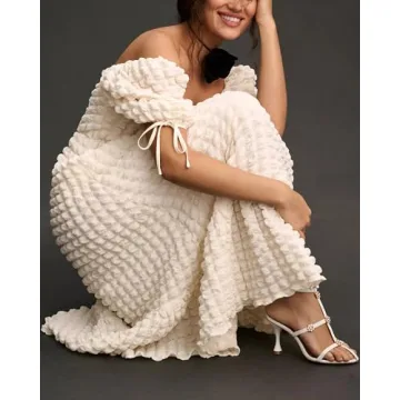 Locachy Womens Casual Summer Dresses 2024 Boho Short Sleeve V Neck Sundresses Backless Long Textured Maxi Dress Beige M