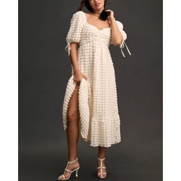 Locachy Womens Casual Summer Dresses 2024 Boho Short Sleeve V Neck Sundresses Backless Long Textured Maxi Dress Beige M