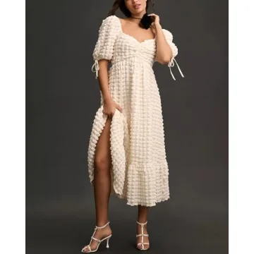 Locachy Womens Casual Summer Dresses 2024 Boho Short Sleeve V Neck Sundresses Backless Long Textured Maxi Dress Beige M