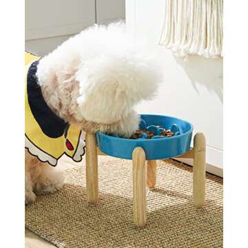 LE TAUCI Ceramic Slow Feeder Dog Bowls Elevated for Small and Medium Breed, Dog Bowls with Wooden St...