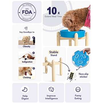 LE TAUCI Ceramic Slow Feeder Dog Bowls Elevated for Small and Medium Breed, Dog Bowls with Wooden Stand, 1.5 Cups Dog Dishes to Slow Down Eating, Anti-Gulping Pet Feeding Dishes, Vortex Blue