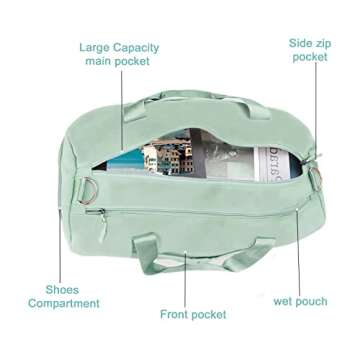 TINNIVI Sports Gym Bag Travel Duffel Bag Waterproof Weekender Overnight Tote Carry On Bag with Wet Pocket & Shoes Compartment for Men Women Lightweight Adjustable Strap (Green)