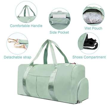 TINNIVI Sports Gym Bag Travel Duffel Bag Waterproof Weekender Overnight Tote Carry On Bag with Wet Pocket & Shoes Compartment for Men Women Lightweight Adjustable Strap (Green)