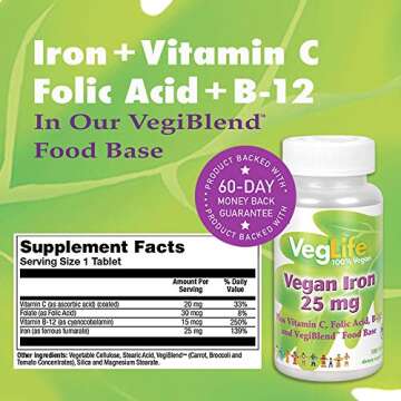 VegLife Vegan Iron 25 mg | Plus Vitamin C, Folic Acid, B-12 and VegiBlend Food Base | Plant Based Iron Supplement for Women & Men | 100 Tablets