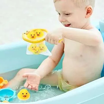 AIYUENCICI Bath Toy Baby Bathtub Duck Toy Set, 1 Pcs Ducky Animals Fishing Net with 6 Pcs Water Floating Sea Animals Duck Toys, Bathroom Floating Pool Fishing Play Set for Toddler Kids (Duck)