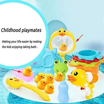 AIYUENCICI Bath Toy Baby Bathtub Duck Toy Set, 1 Pcs Ducky Animals Fishing Net with 6 Pcs Water Floating Sea Animals Duck Toys, Bathroom Floating Pool Fishing Play Set for Toddler Kids (Duck)