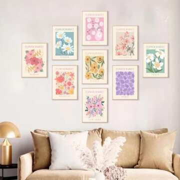 Flower Market Posters Set of 9, Minimalist Flower Market Wall Art Prints, Vintage Flower Pictures Wall Decor, Abstract Canvas Colorful Floral Painting for Living Room,Bedroom,Dorm,