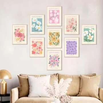 Flower Market Posters Set of 9, Minimalist Flower Market Wall Art Prints, Vintage Flower Pictures Wall Decor, Abstract Canvas Colorful Floral Painting for Living Room,Bedroom,Dorm,