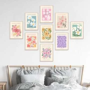 Flower Market Posters Set of 9, Minimalist Flower Market Wall Art Prints, Vintage Flower Pictures Wall Decor, Abstract Canvas Colorful Floral Painting for Living Room,Bedroom,Dorm,
