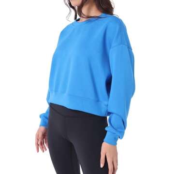 YUNOGA Women's Crewneck Sweatshirt Casual Cropped Pullover Long Sleeves Workout Sweatshirt Tops (M, Blue)