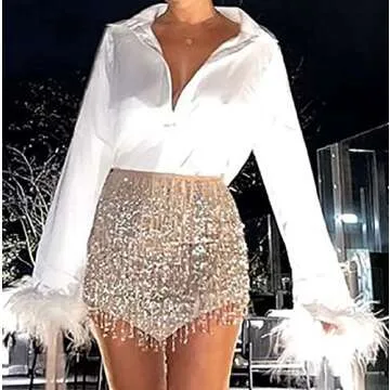 Women Sexy Long Sleeve Feather Trim Cardigan Top Vintage Faux Fur Cuffs Button Down Lapel Solid Color Y2K Blouse Shirts (White, Medium)