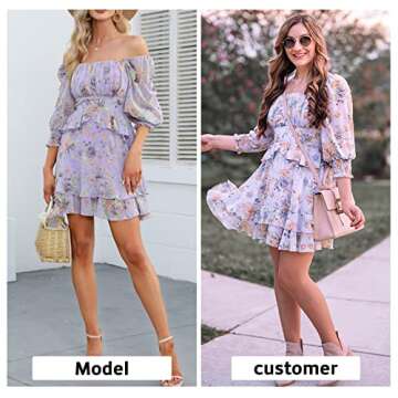 EXLURA Womens Floral Ruffle Sun Dress Sundress Tiered Square Neck Long Sleeve Off Shoulder Smocked Skater Mini Dress Purple