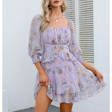 EXLURA Womens Floral Ruffle Sun Dress Sundress Tiered Square Neck Long Sleeve Off Shoulder Smocked Skater Mini Dress Purple