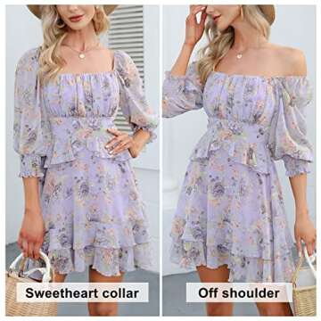 EXLURA Womens Floral Ruffle Sun Dress Sundress Tiered Square Neck Long Sleeve Off Shoulder Smocked Skater Mini Dress Purple