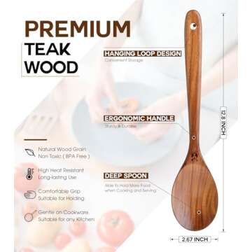 Wooden Spoons for Cooking, Natural Premium Teak Wooden Spoons, Good Grip Large Cooking Spoons and Wo...