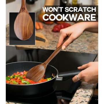 Wooden Spoons for Cooking, Natural Premium Teak Wooden Spoons, Good Grip Large Cooking Spoons and Wooden Spatula, Heat Resistant Wooden Cooking Utensils for Nonstick Cookware Serving, Perfect Gifts