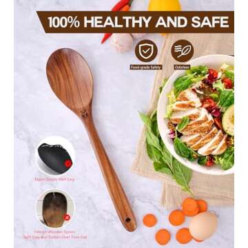 Wooden Spoons for Cooking, Natural Premium Teak Wooden Spoons, Good Grip Large Cooking Spoons and Wooden Spatula, Heat Resistant Wooden Cooking Utensils for Nonstick Cookware Serving, Perfect Gifts