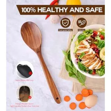Wooden Spoons for Cooking, Natural Premium Teak Wooden Spoons, Good Grip Large Cooking Spoons and Wooden Spatula, Heat Resistant Wooden Cooking Utensils for Nonstick Cookware Serving, Perfect Gifts