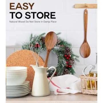 Wooden Spoons for Cooking, Natural Premium Teak Wooden Spoons, Good Grip Large Cooking Spoons and Wooden Spatula, Heat Resistant Wooden Cooking Utensils for Nonstick Cookware Serving, Perfect Gifts