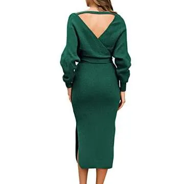Viottiset Women's Long Batwing Sleeve Sexy V Neck Midi Wrap Bodycon Sweater Dress Green X-Large