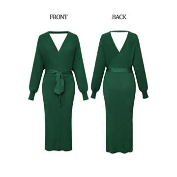 Viottiset Women's Long Batwing Sleeve Sexy V Neck Midi Wrap Bodycon Sweater Dress Green X-Large