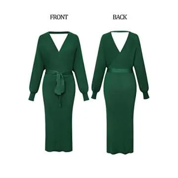 Viottiset Women's Long Batwing Sleeve Sexy V Neck Midi Wrap Bodycon Sweater Dress Green X-Large