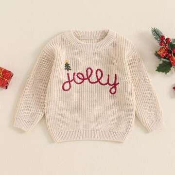 Lesimsam Toddler Baby Boy Girl Christmas Outfit Embroidery Knit Sweater Oversized Knitted Sweatshirt Pullover Winter Clothes (A-Jolly Khaki, 2-3 Years)