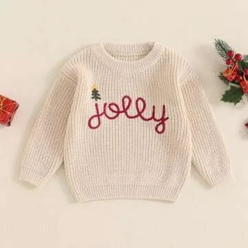 Lesimsam Toddler Baby Boy Girl Christmas Outfit Embroidery Knit Sweater Oversized Knitted Sweatshirt Pullover Winter Clothes (A-Jolly Khaki, 2-3 Years)