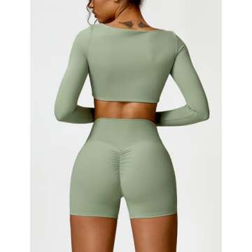 ABOCIW Workout Sets for Women 2 Piece Gym Yoga Outfits Square Neck Long Sleeve Crop Tops High Waist ...
