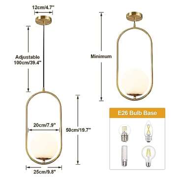 KCO Lighting Modern 1-Light Globe Pendant Light Mid Century Brass Gold Metal Pendant Lighting Fixtur...