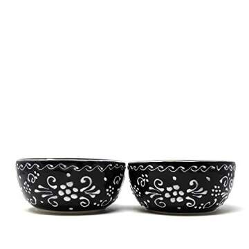 Global Crafts Encantada Handmade Hand-Painted Authentic Mexican Pottery, 5.5" Bowls, Ink Collection, Black and White, Set of 2 (MC319I-S2)