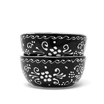 Global Crafts Encantada Handmade Hand-Painted Authentic Mexican Pottery, 5.5" Bowls, Ink Collection, Black and White, Set of 2 (MC319I-S2)